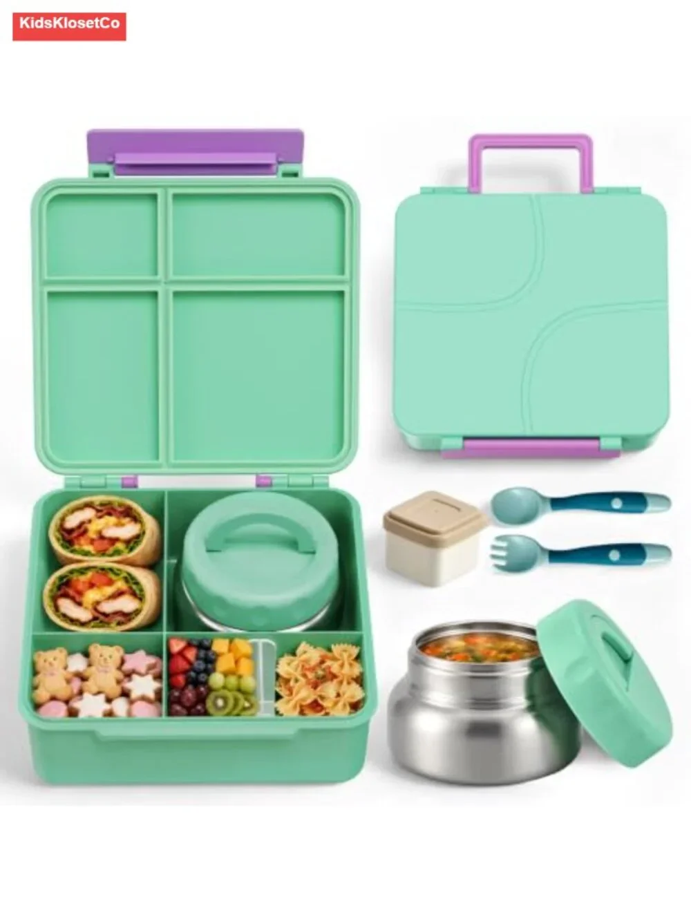 Kids Bento Lunch Box with Thermos, Leak Proof, BPA-Free, 4 Compartments,